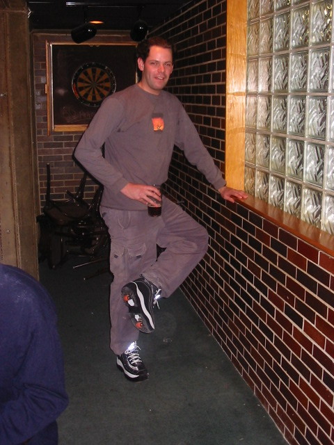A french chap called 'CJ' bought these for about $35CAD.  They're normal shoes with these wheels that pop out, classic fun scooting around the pub!