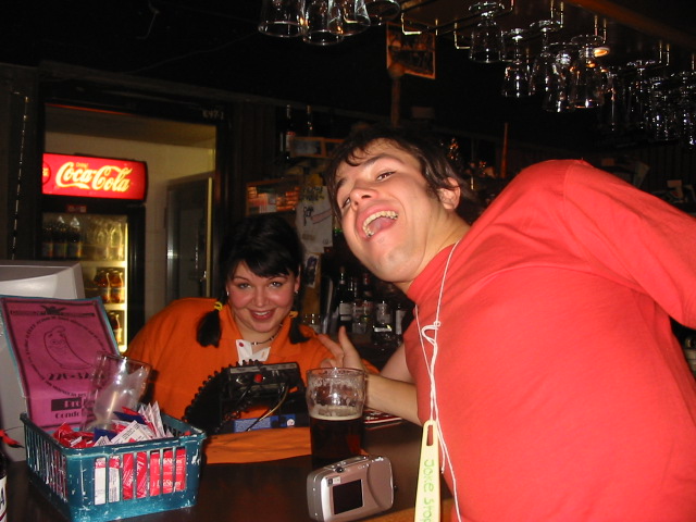 Sebastian and the friendly barlady.
